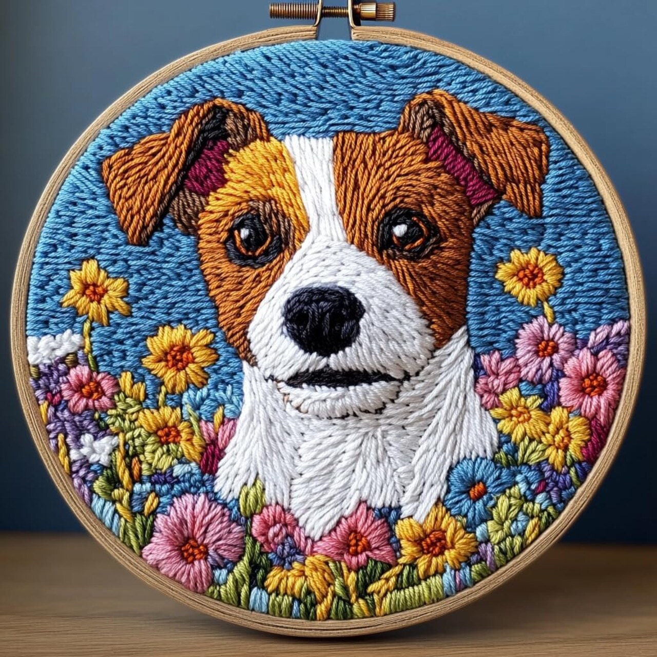 DIY Punch Needle Kit – Jack Russell Dog in Flowers Embroidery Set for Beginners with Hoop, Stamped Pattern, and Yarn for Home Decor & Craft Lovers